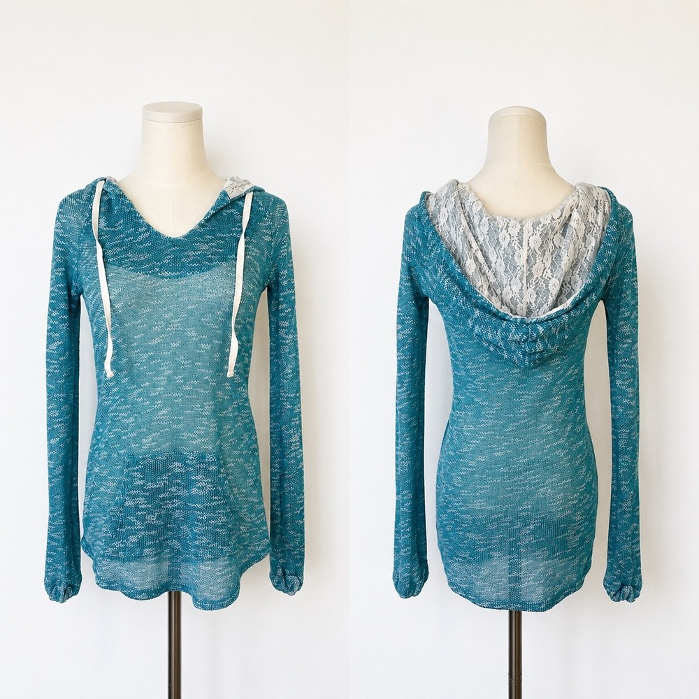 Vintage Y2K Self‎ Esteem Lace Hood Teal Marled Knit Hoodie Top L Boho Fairycorr